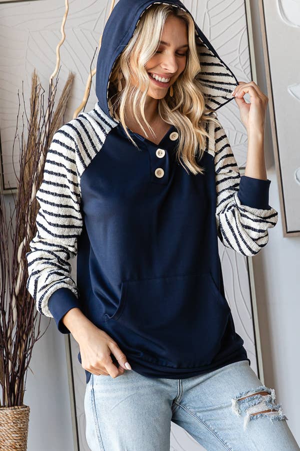 Stripe Contrast Hooded Knit Top/ Navy