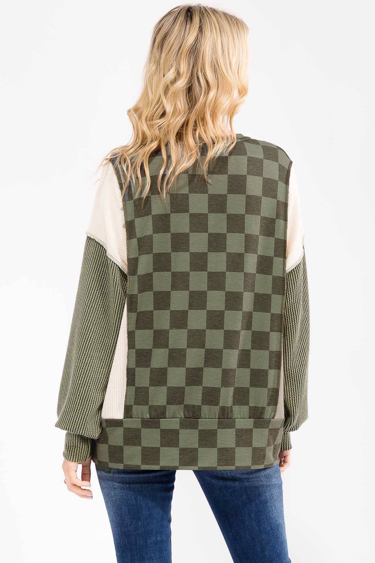 Checkered Print Long Sleeve Pullover Top/ Olive