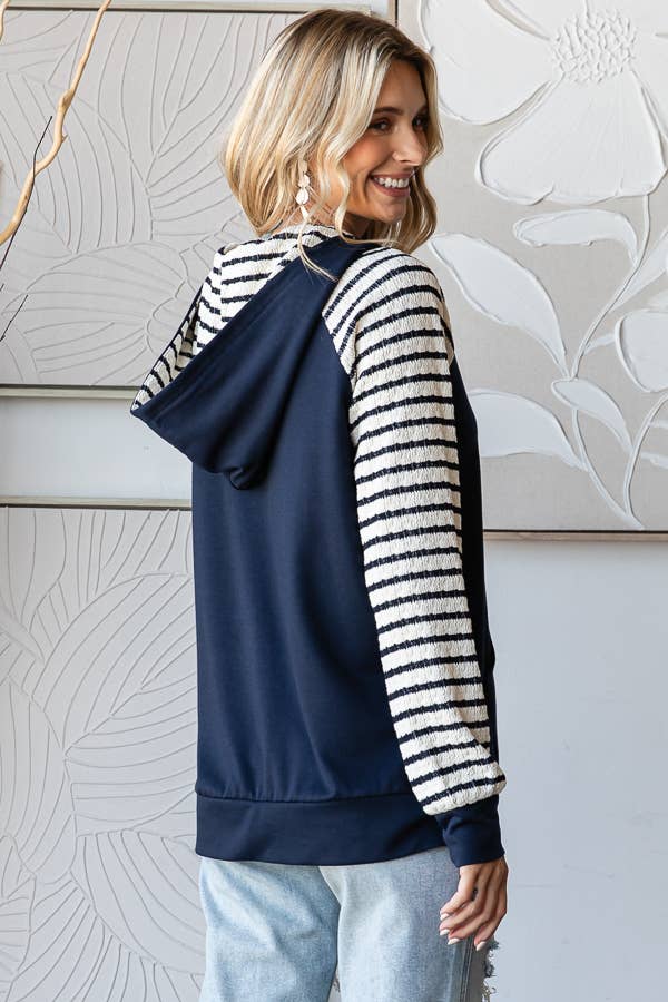 Stripe Contrast Hooded Knit Top/ Navy