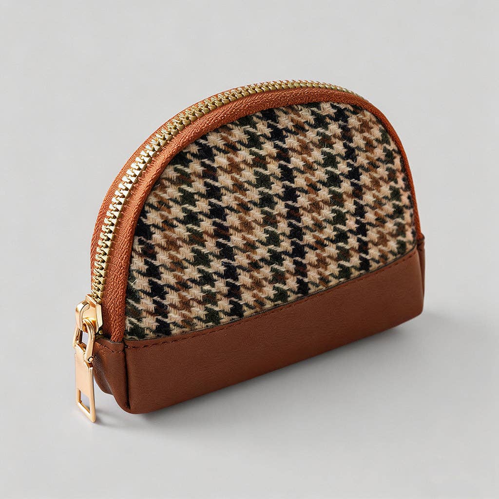 Elegant Plaid Mini Pouch: Brown / Double zip