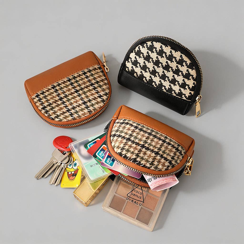Elegant Plaid Mini Pouch: Black / Double zip