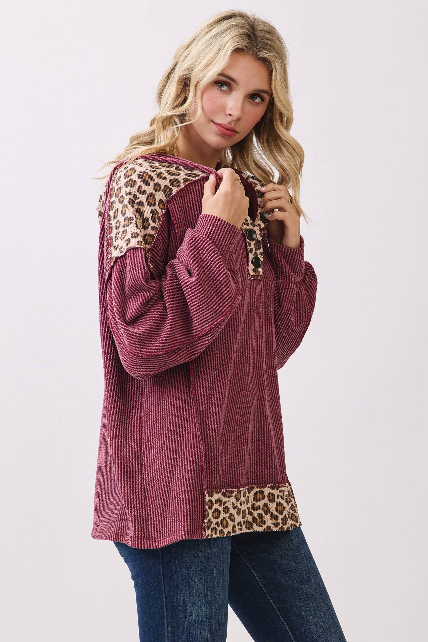 Leopard Contrast Button Front Hooded Sweatshirt/ Burgundy