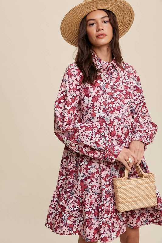 Bold Floral Tiered Shirt Dress