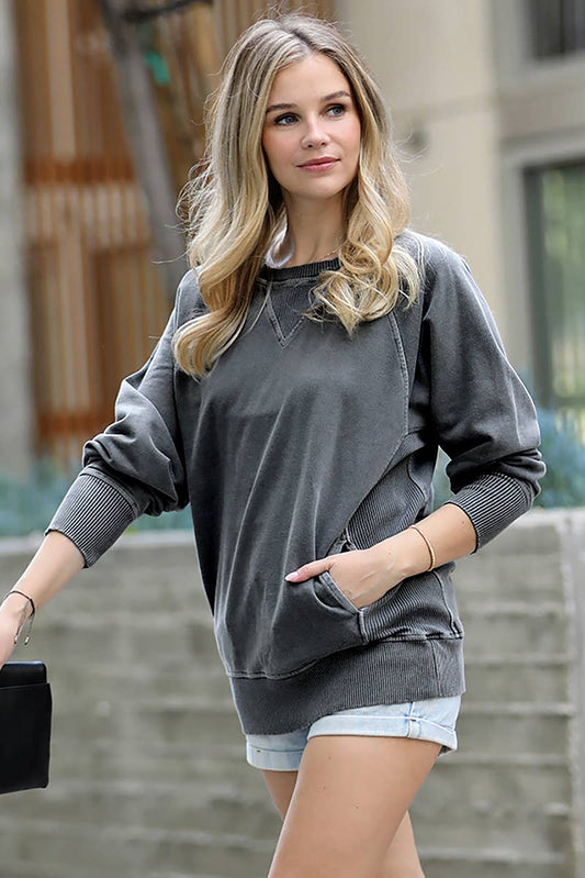 Zenana Washed French Terry Pullover With Side Pockets-charcoal