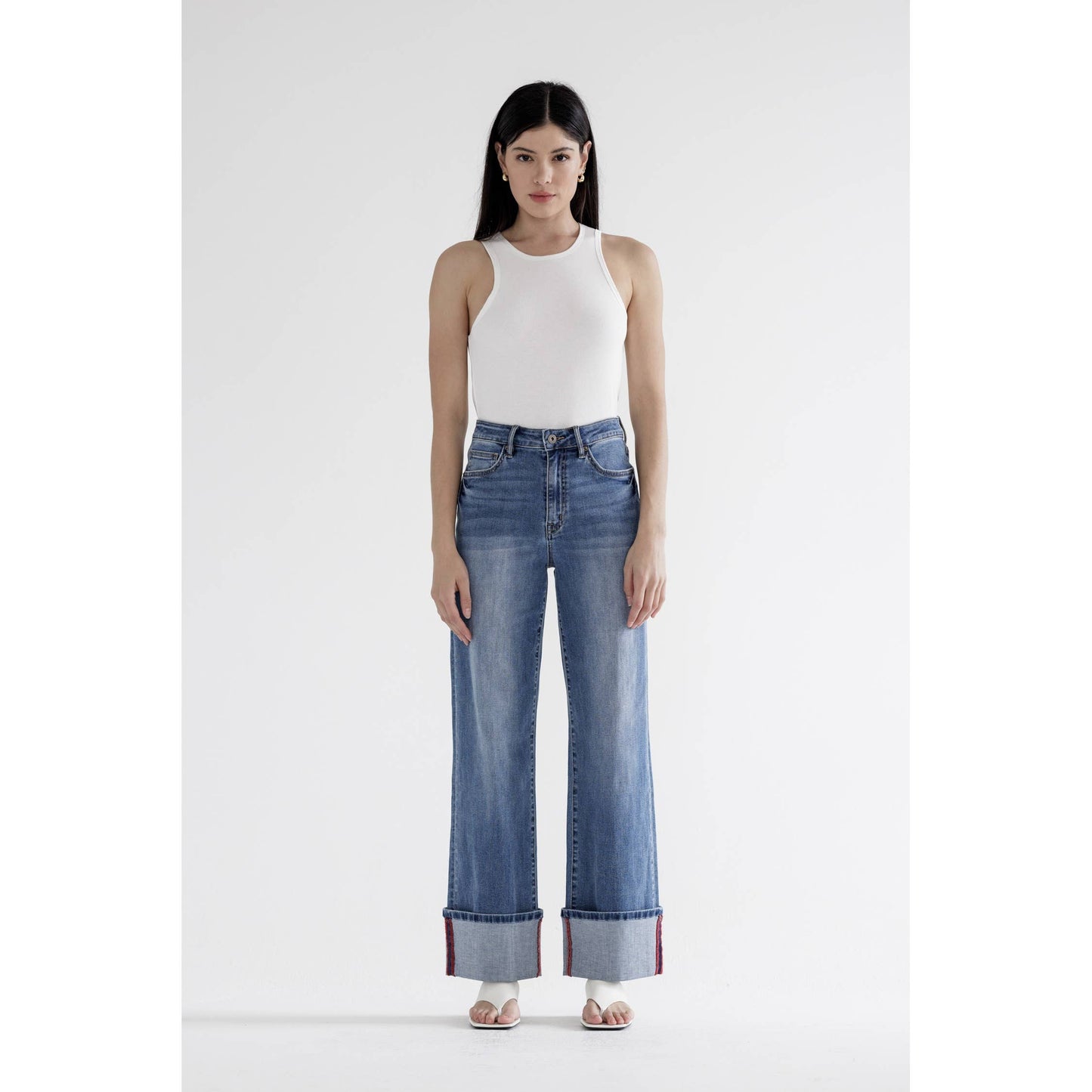 HIGH RISE WIDE LEG WITH CUFF HEM: PORTO BLUE