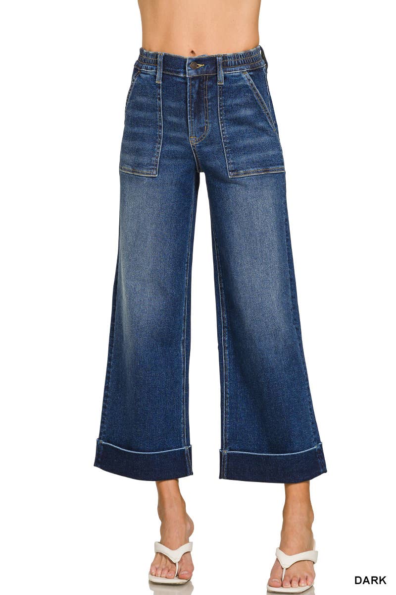 High-Rise Wide Leg Patch Pocket Crop Jeans- DARK