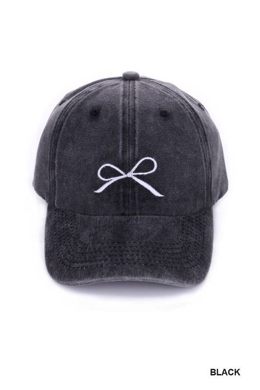 Ribbon Bow Embroidery Washed Cap: BLACK-168798 / OS