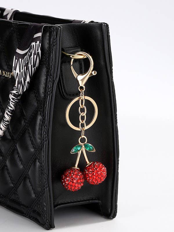 RHINESTONE CHERRY DROP KEYCHAIN BAG CHARM/ Gold