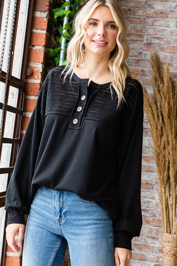 Women's Long Sleeve Lace Knit Top/ Black
