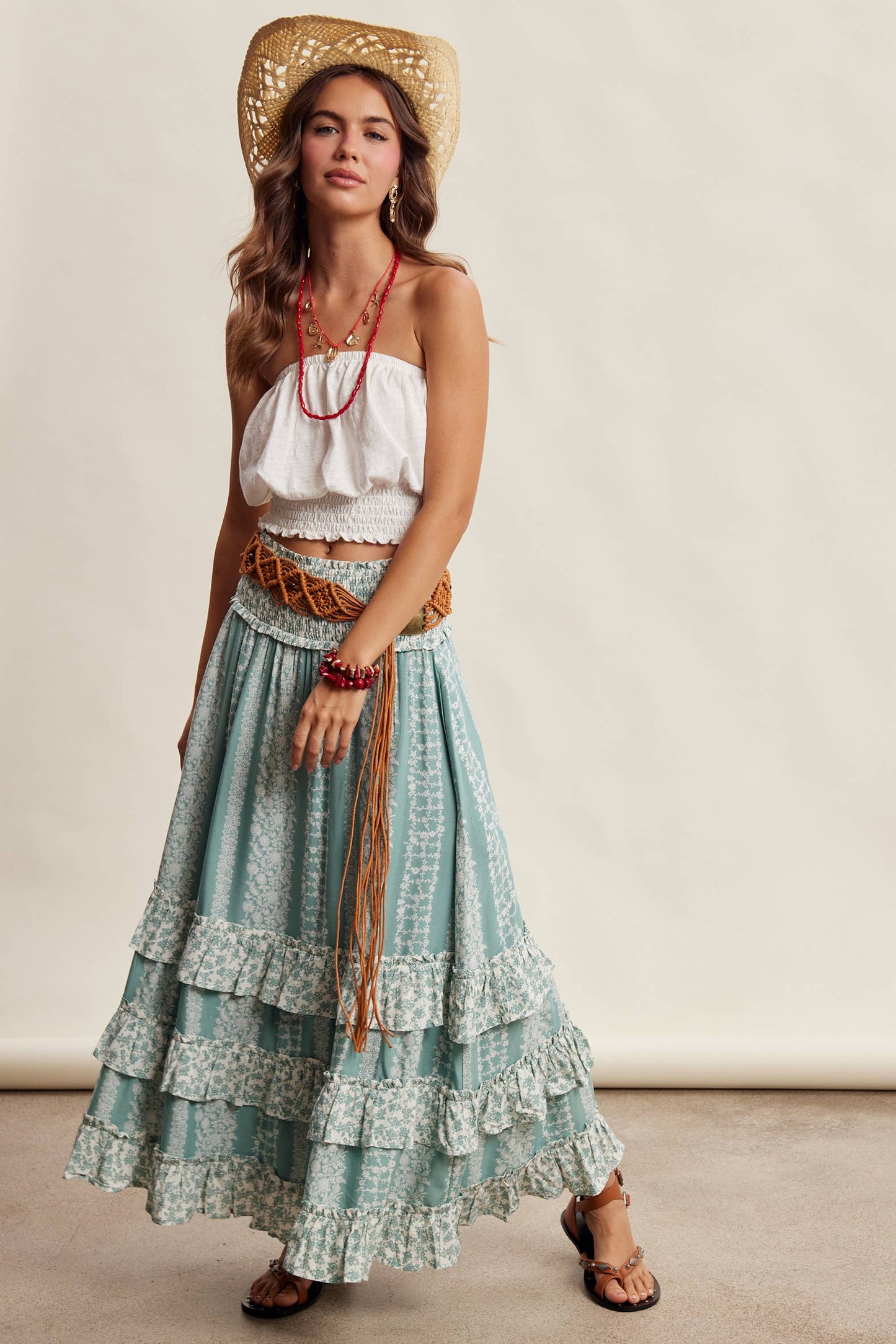 Mixed Print Tiered Maxi Skirt/ Sage