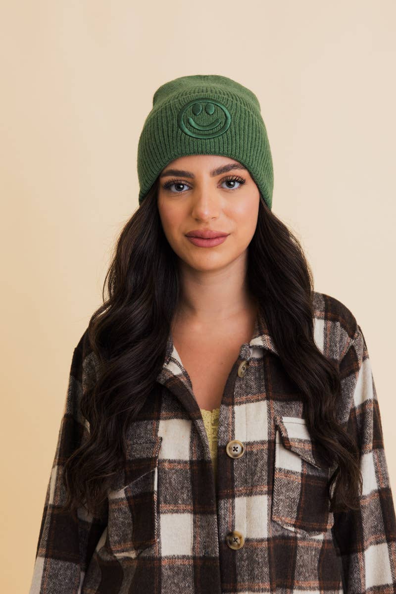 Happy Face Embroidered Ribbed Knit Beanie (Choose a color)