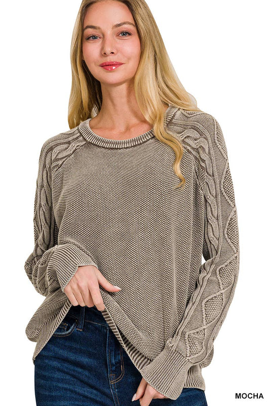 Zenana Washed Cable Sleeve Crewneck Sweater MOCHA