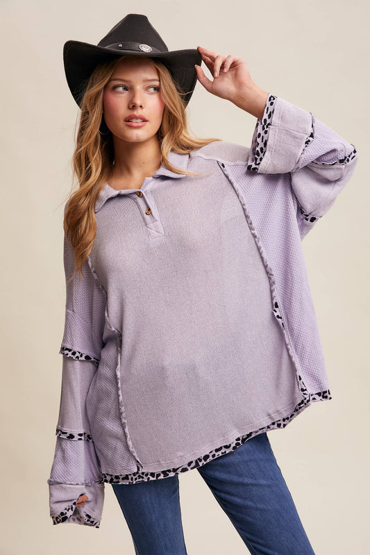 Leopard Trim Collared Thermal Top/ Lilac