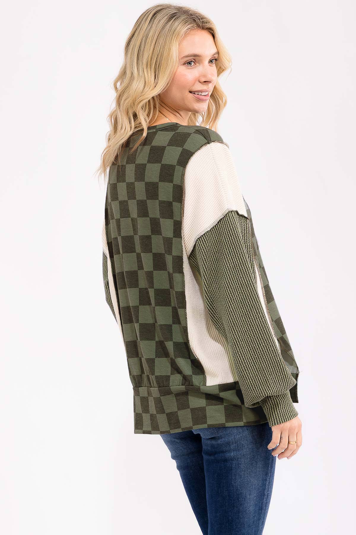 Checkered Print Long Sleeve Pullover Top/ Olive