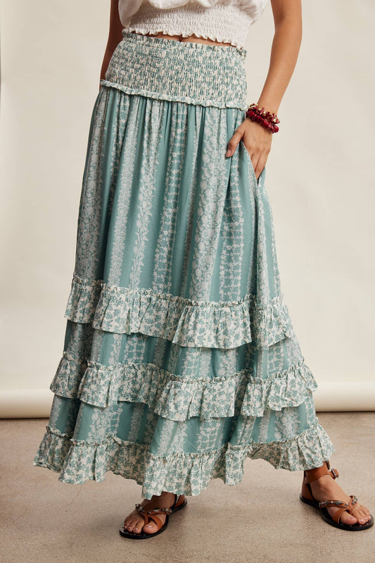 Mixed Print Tiered Maxi Skirt/ Sage