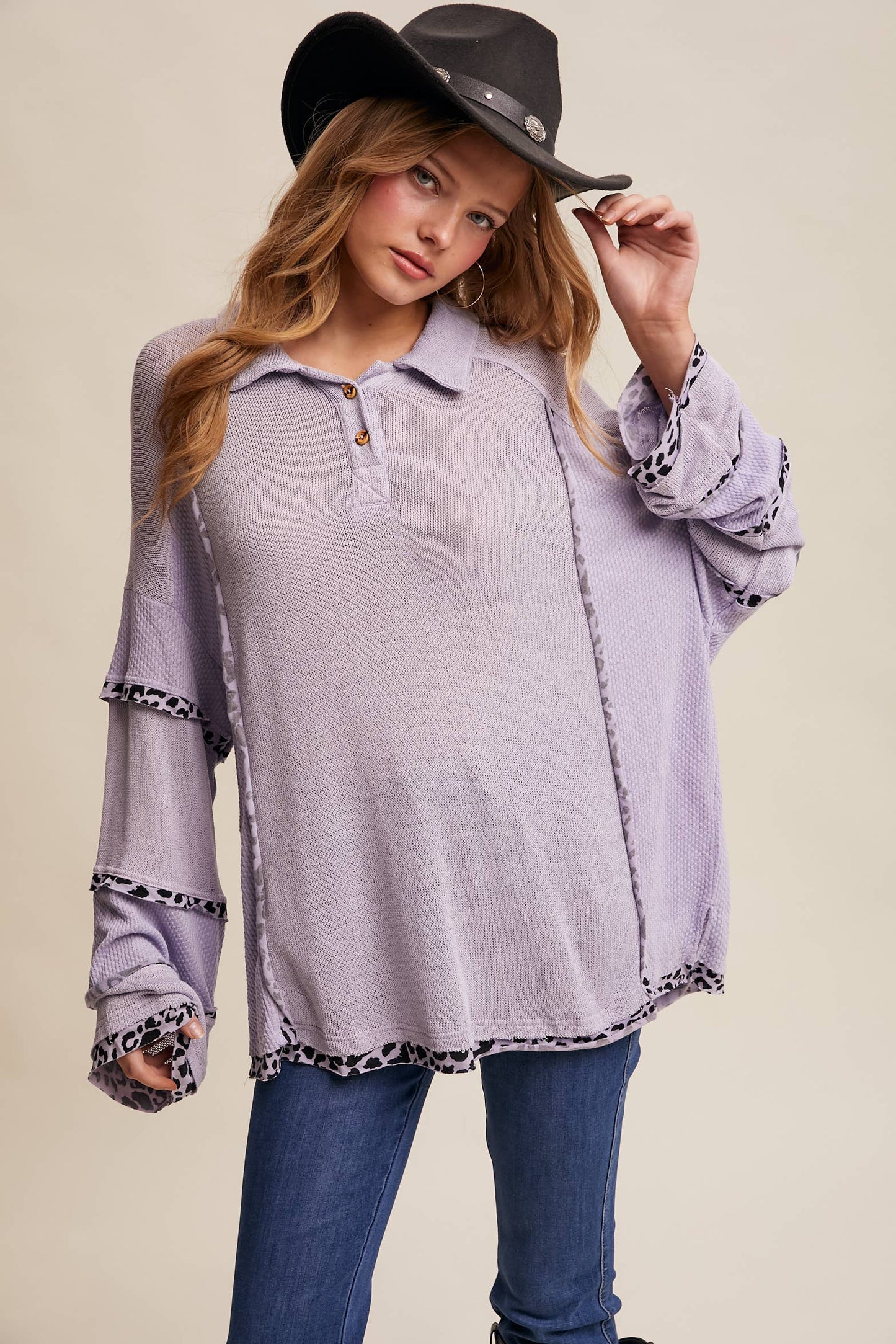 Leopard Trim Collared Thermal Top/ Lilac