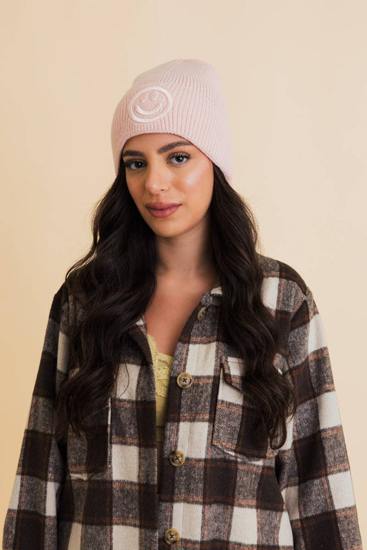 Happy Face Embroidered Ribbed Knit Beanie (Choose a color)