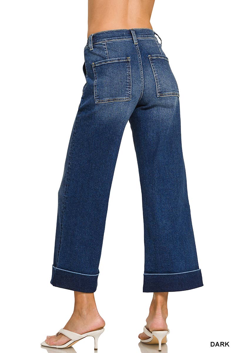 High-Rise Wide Leg Patch Pocket Crop Jeans- DARK