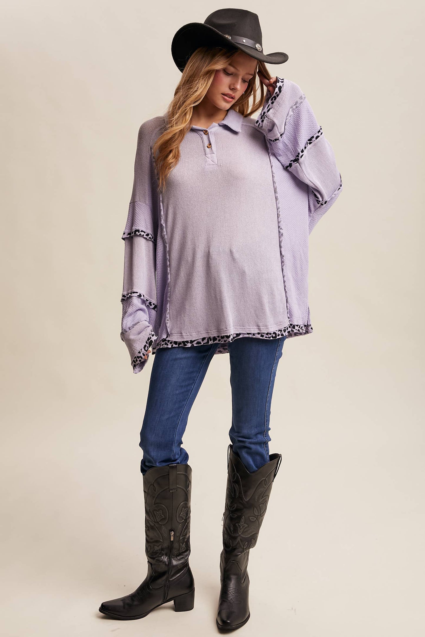 Leopard Trim Collared Thermal Top/ Lilac