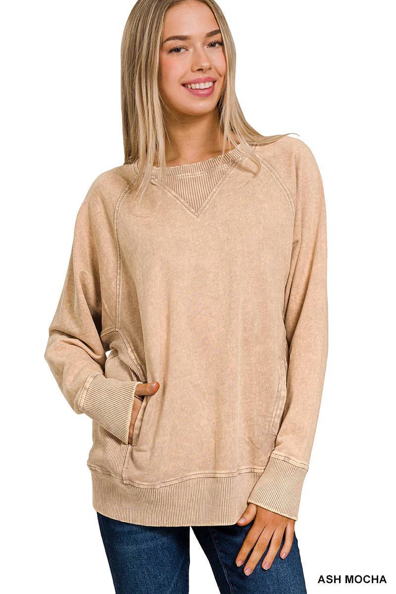 `Acid Wash French Terry Pullover w// Pockets: SLEET