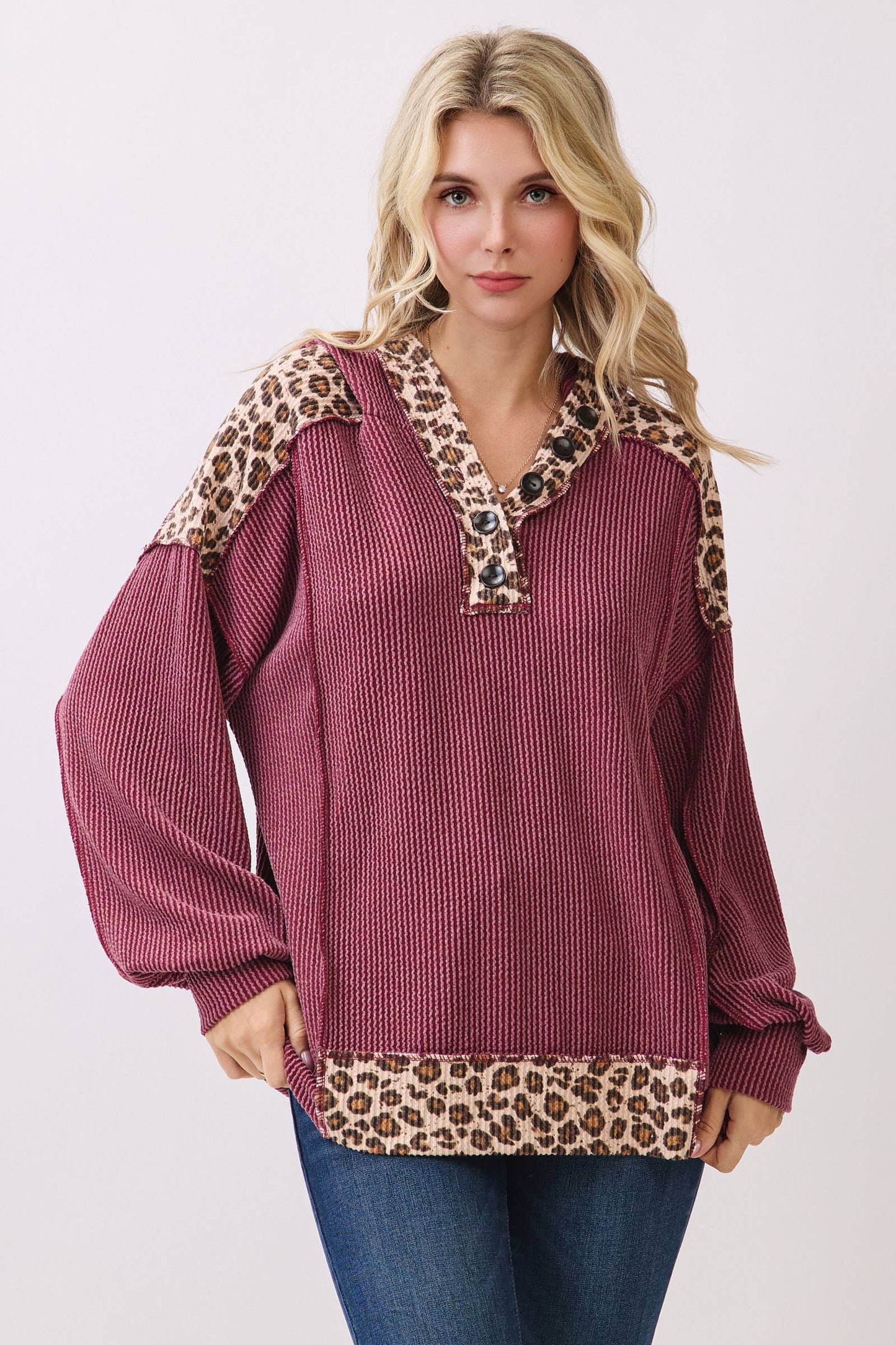 Leopard Contrast Button Front Hooded Sweatshirt/ Burgundy
