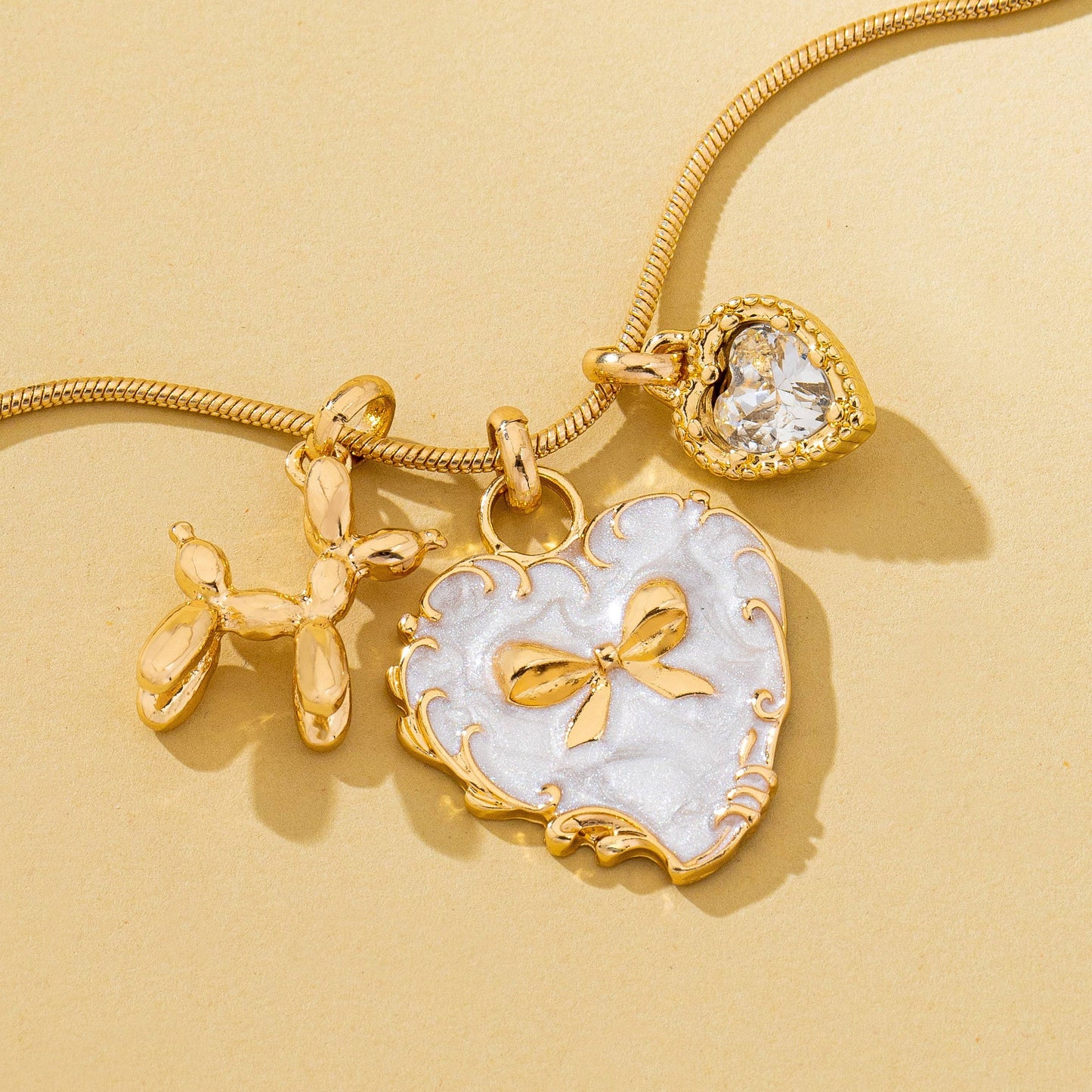 Bow Heart & Balloon Dog Crystal Charm Necklace/ Gold
