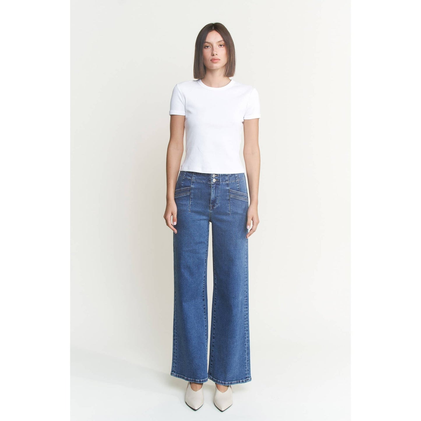 Mica- SUPER HIGH RISE WIDE LEG WITH Double Button: MEDIUM WASH
