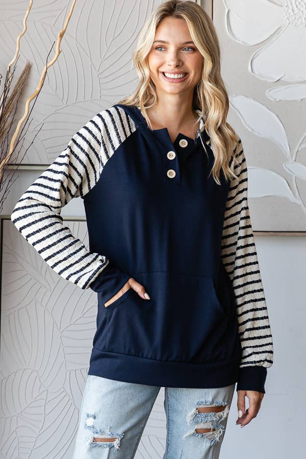 Stripe Contrast Hooded Knit Top/ Navy