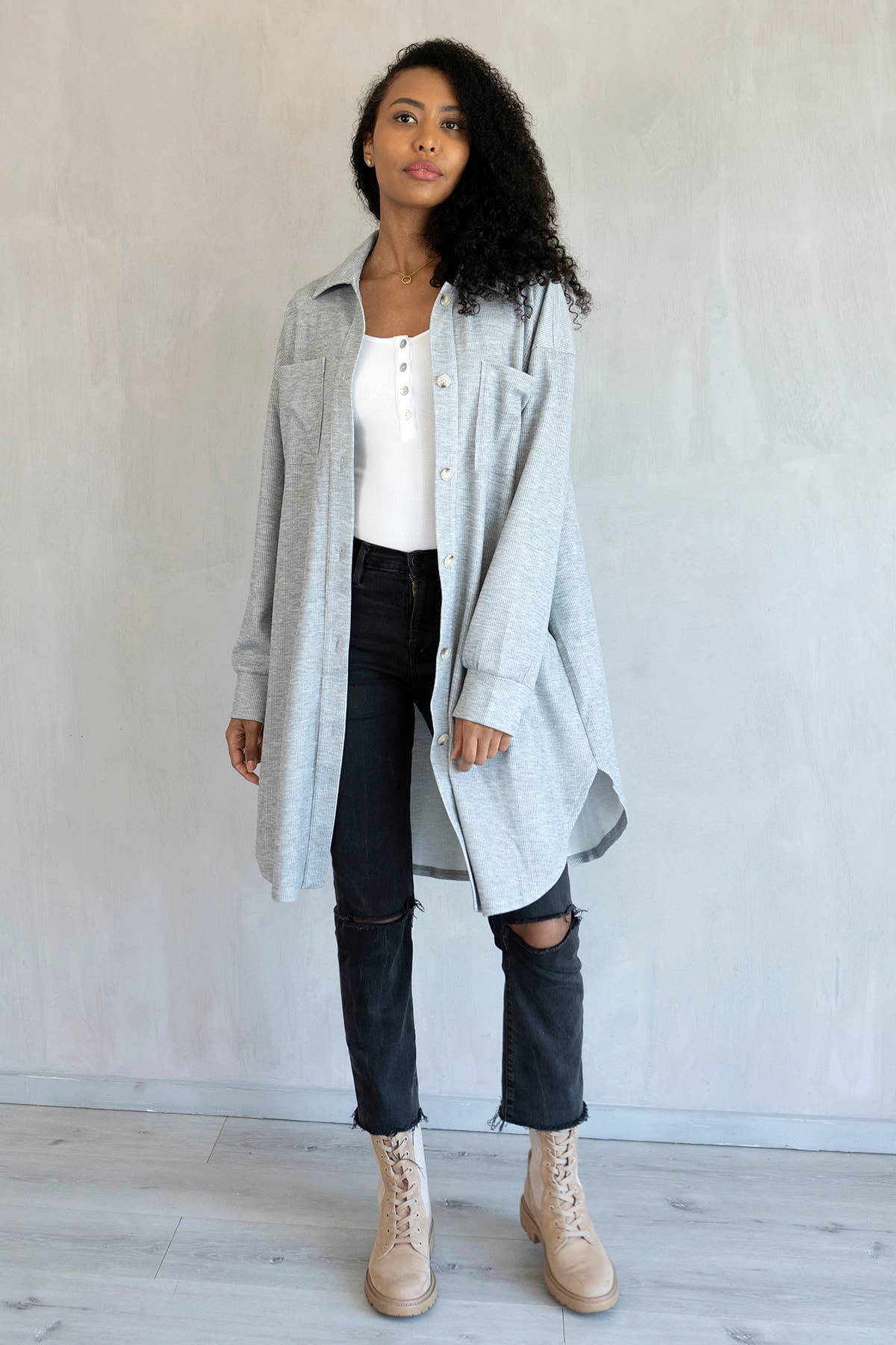 Edith Long Shacket with Pockets | Lt. Grey / S/M