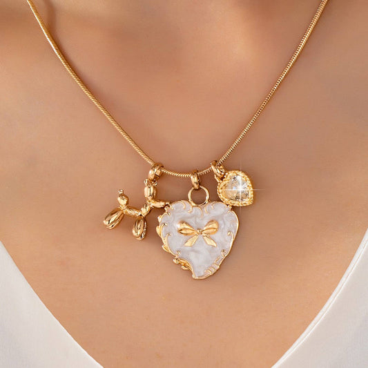 Bow Heart & Balloon Dog Crystal Charm Necklace/ Gold