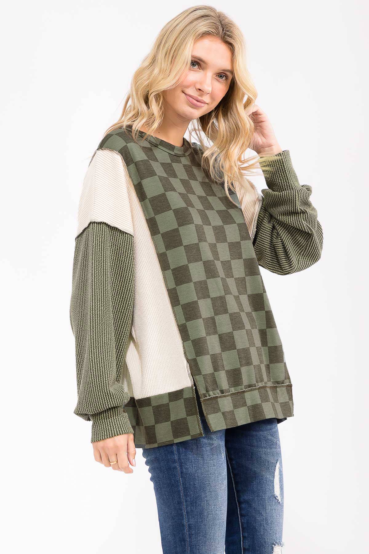 Checkered Print Long Sleeve Pullover Top/ Olive