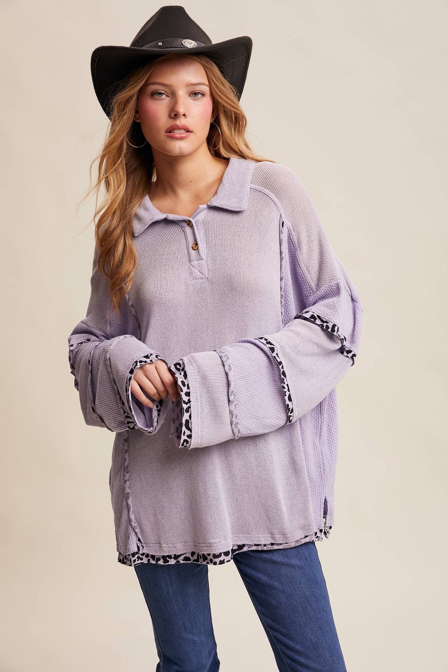 Leopard Trim Collared Thermal Top/ Lilac