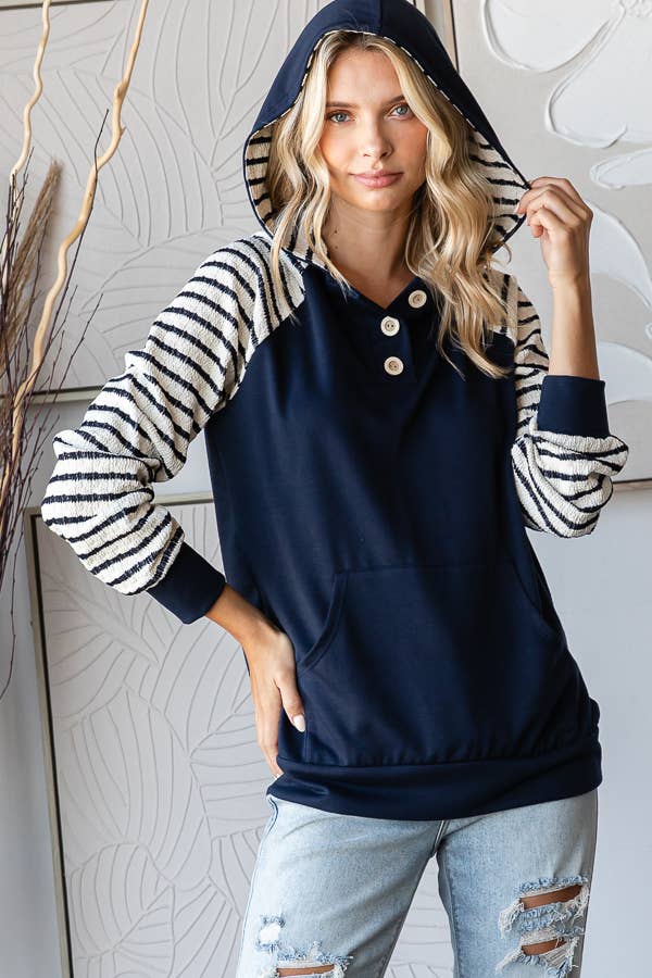 Stripe Contrast Hooded Knit Top/ Navy