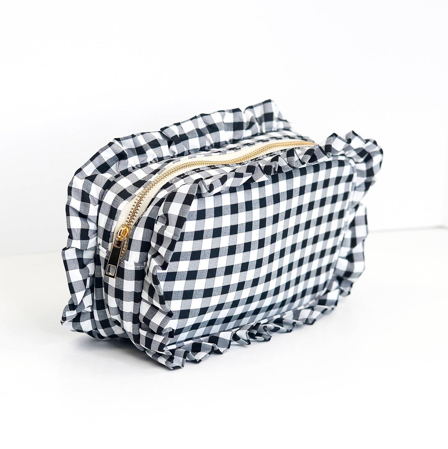 Gingham Ruffle Zipper Pouch Embroidery Friendly Cosmetic Bag