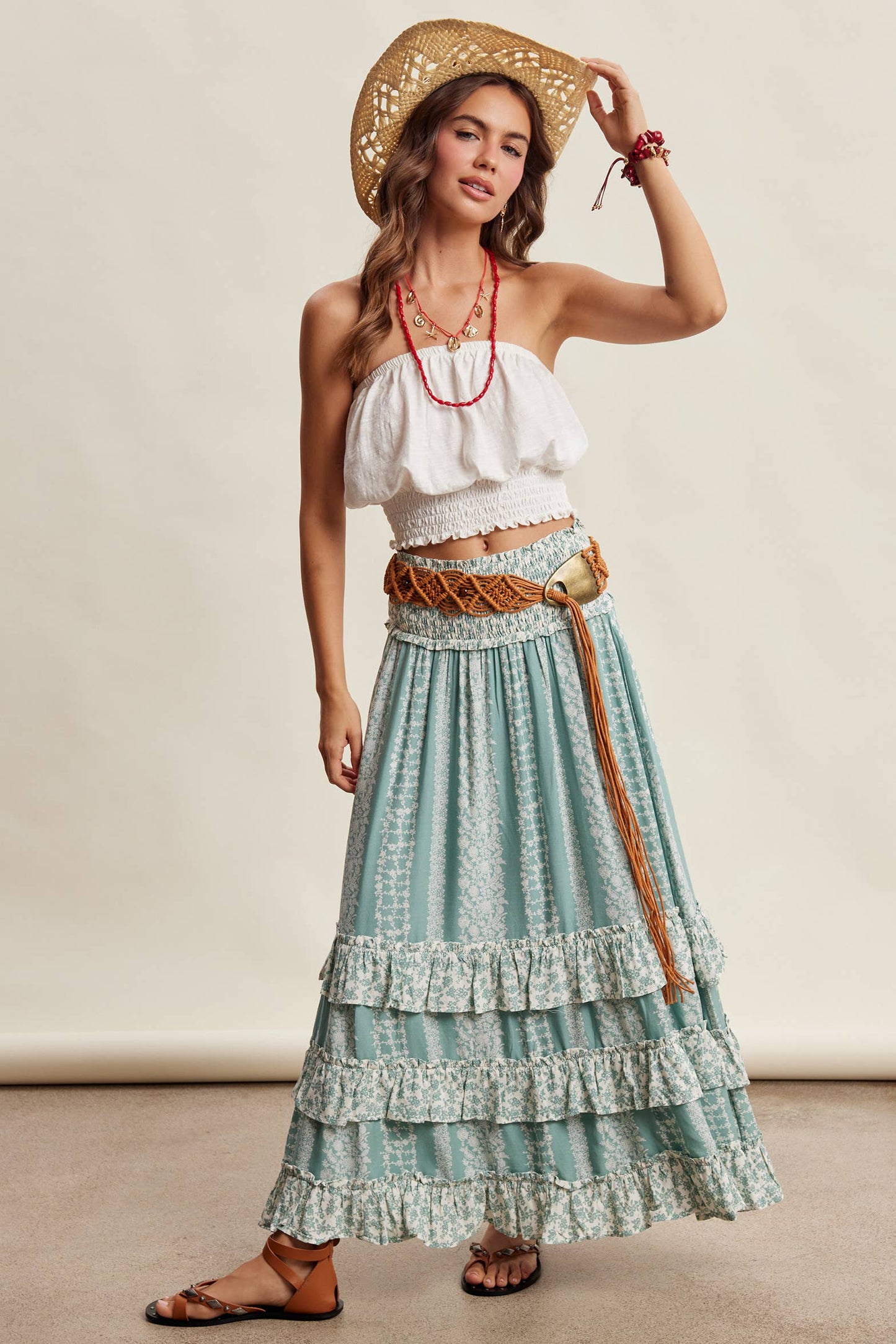 Mixed Print Tiered Maxi Skirt/ Sage