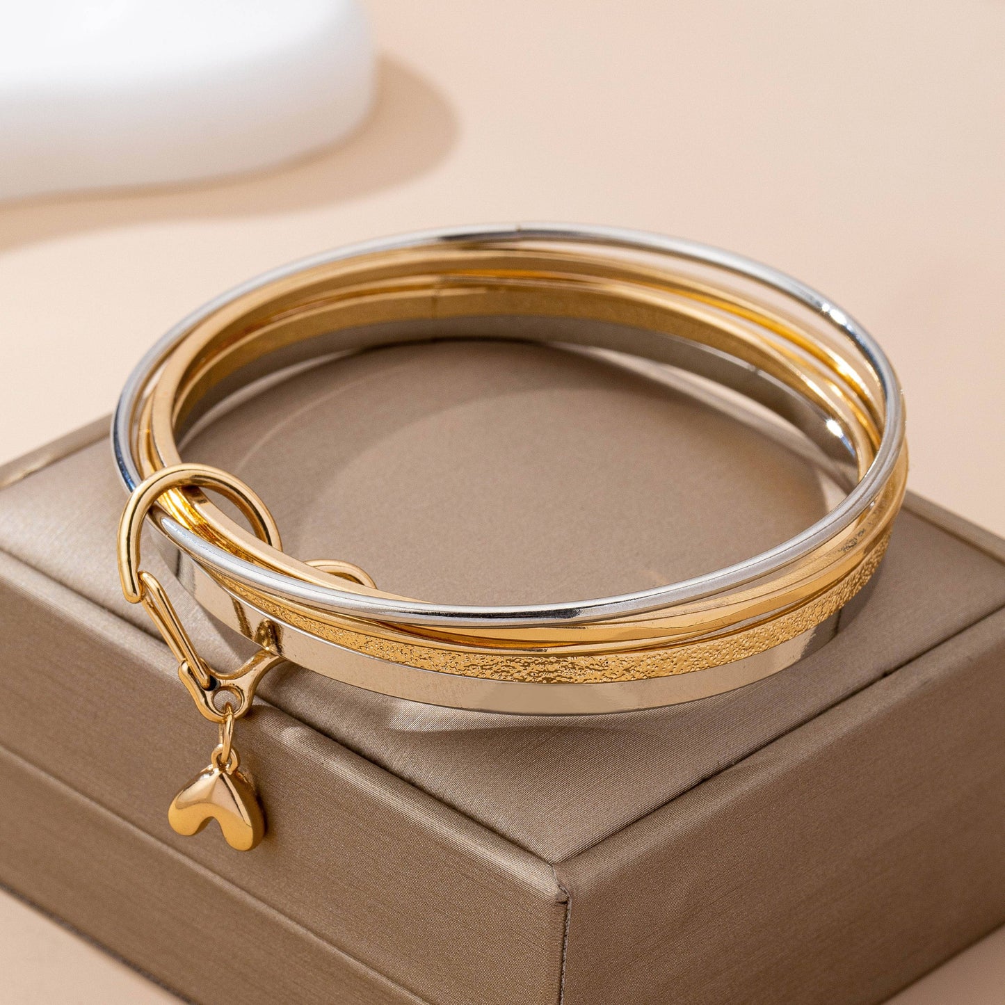 Gold Silver Heart Linked Multi Bangle Set Bracelet