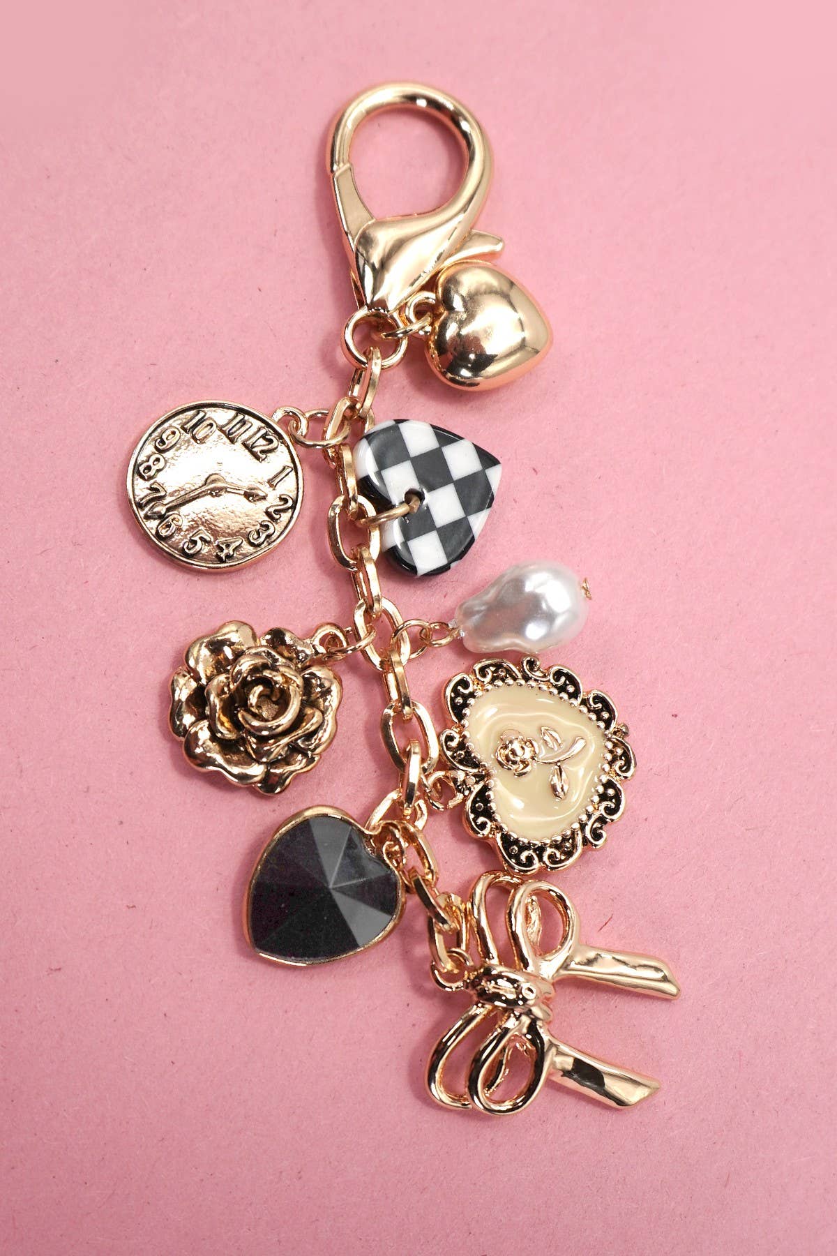 BOW CHECKER HEART FLOWER BAG CHARM/ Gold