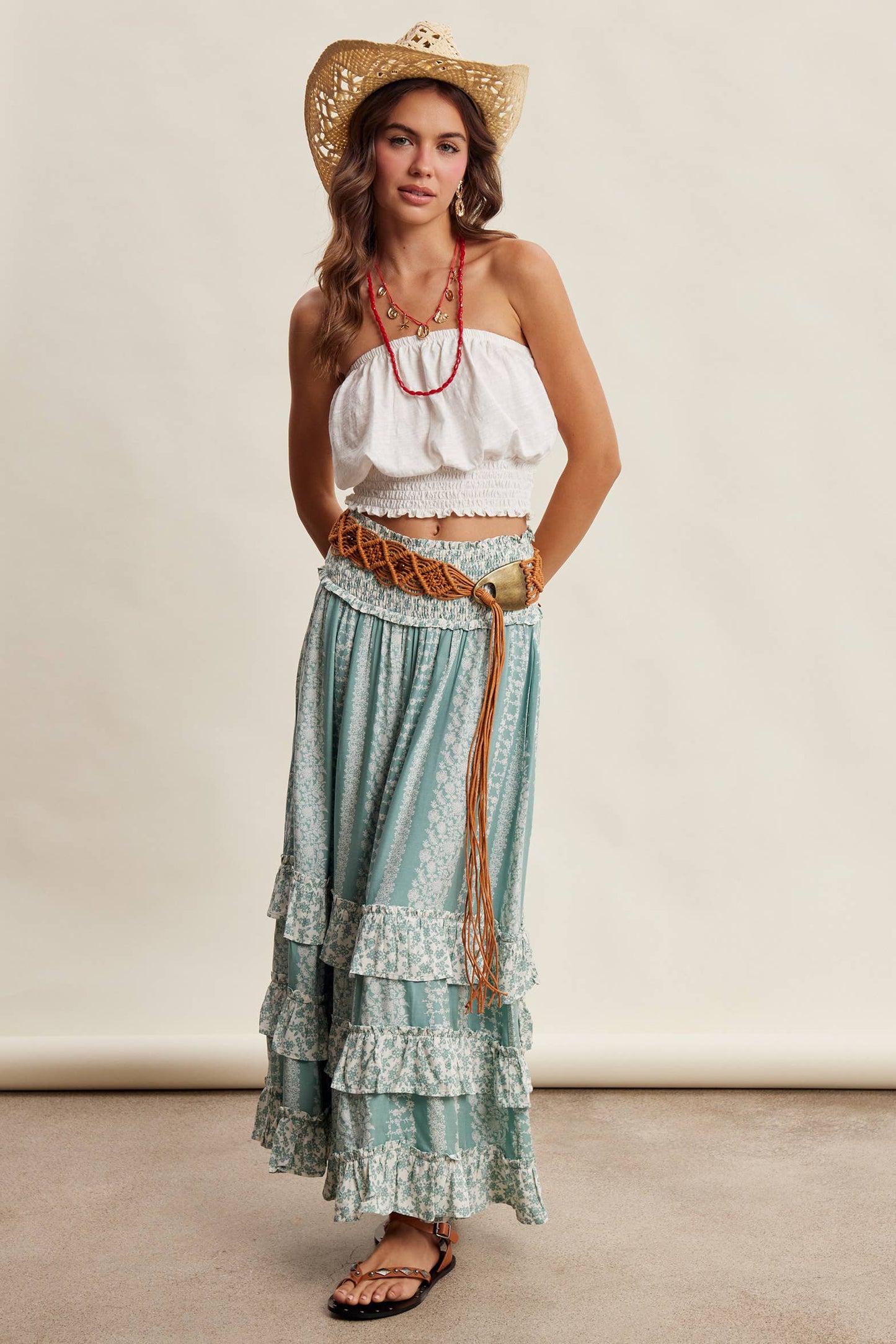 Mixed Print Tiered Maxi Skirt/ Sage