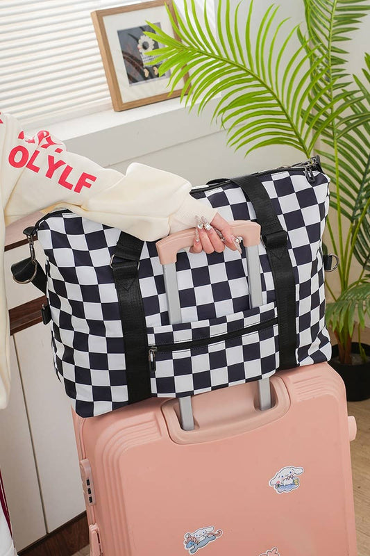 Large Capacity Checkered Travel Duffle Bag: BLACK